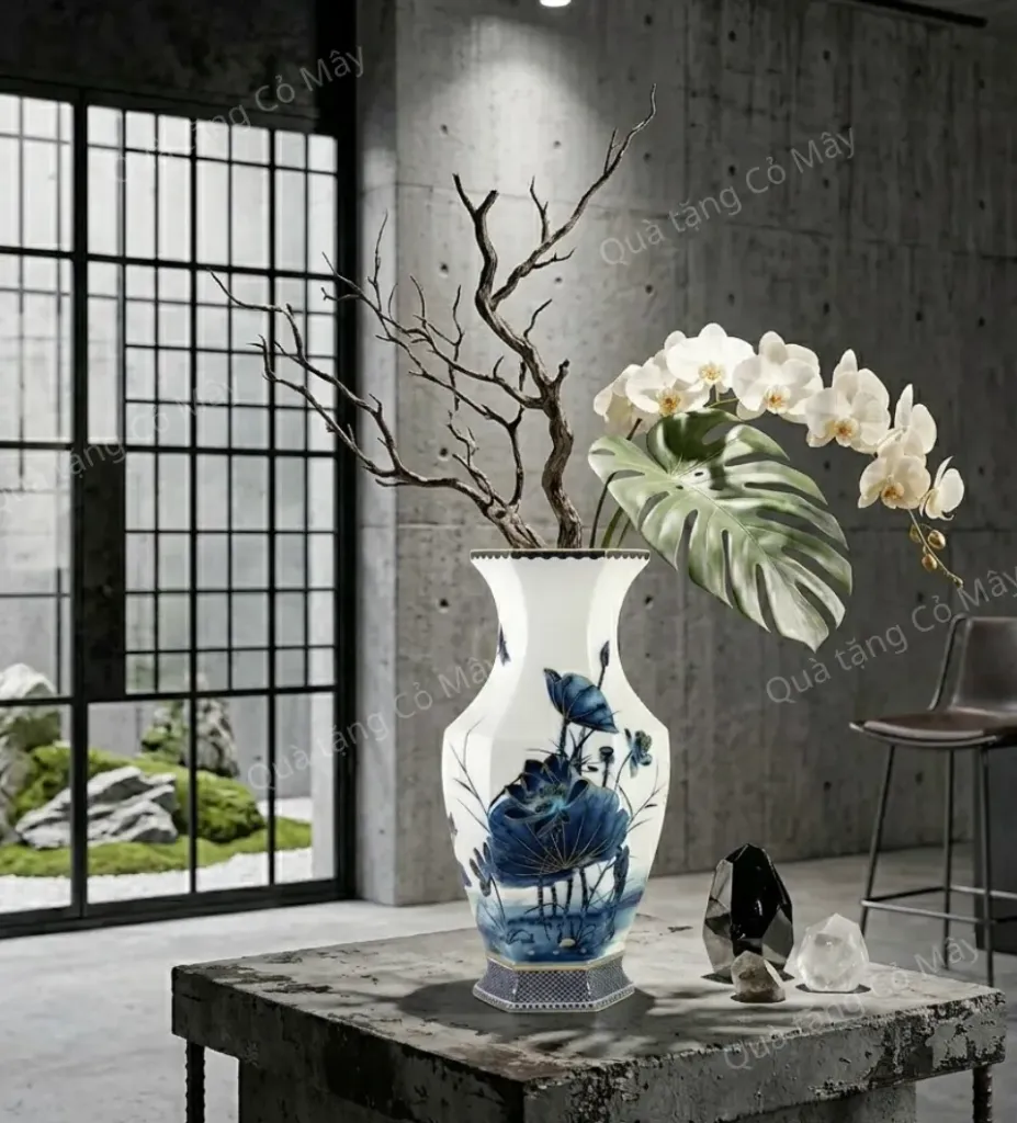 Bình hoa Minh Long Lộc Phát 40 cm - Sen Vàng Nền Trắng