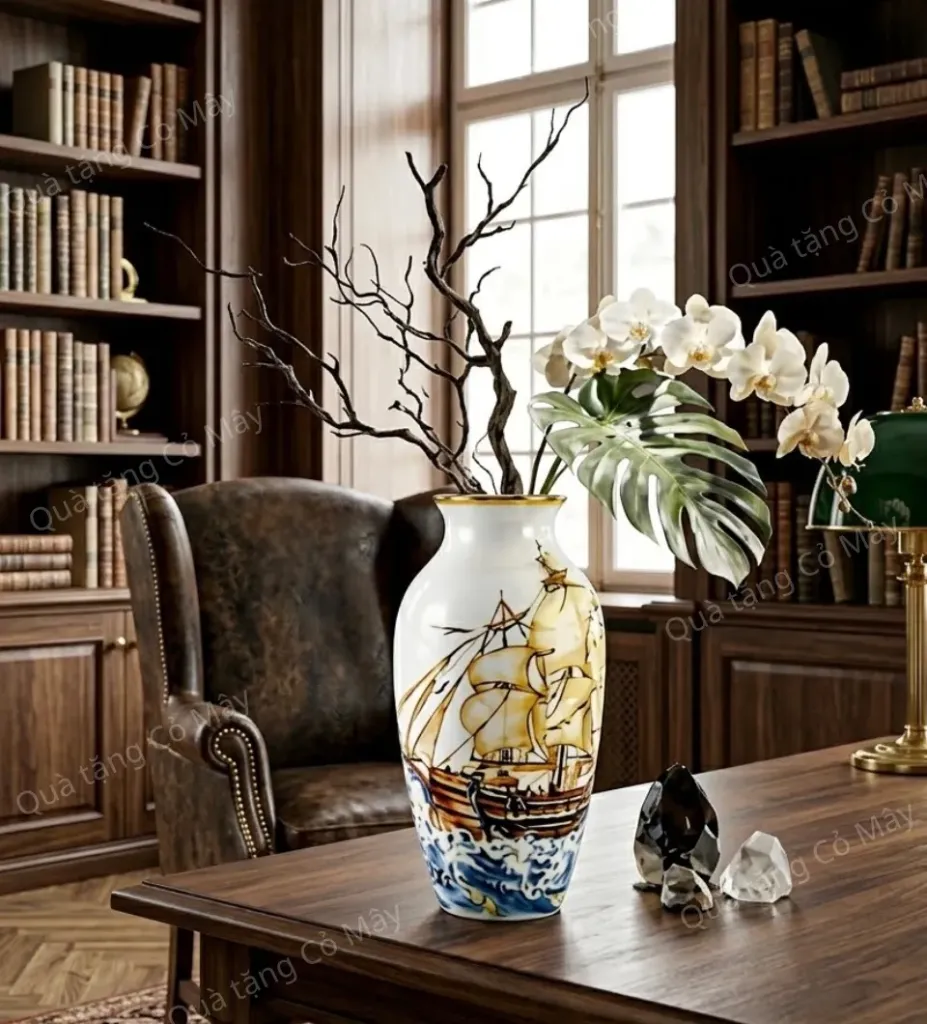 Bình Hoa Sứ Thuận Buồm - Trang Trí Vàng 27cm