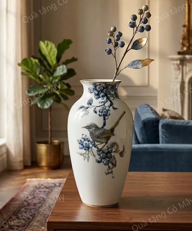Bình hoa Minh Long 27 cm - Chích Chòe & Quả Quất - Cobalt Vàng