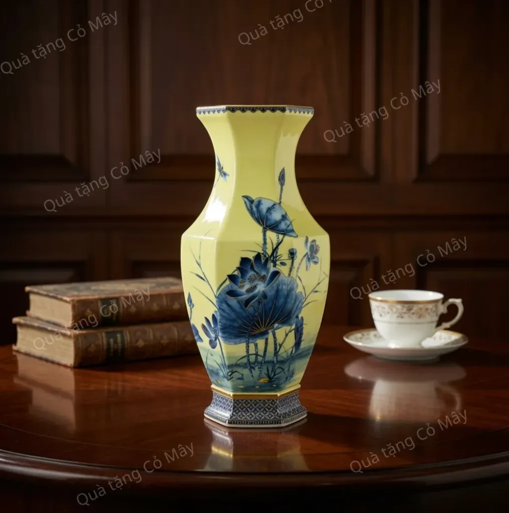 Bình hoa Minh Long Lộc Phát 40 cm - Sen Vàng Nền Vàng