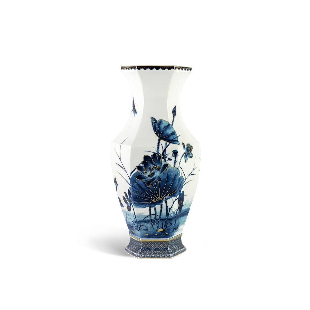 Bình hoa Minh Long - Lộc Phát 40 cm (Sen Vàng Nền Trắng)