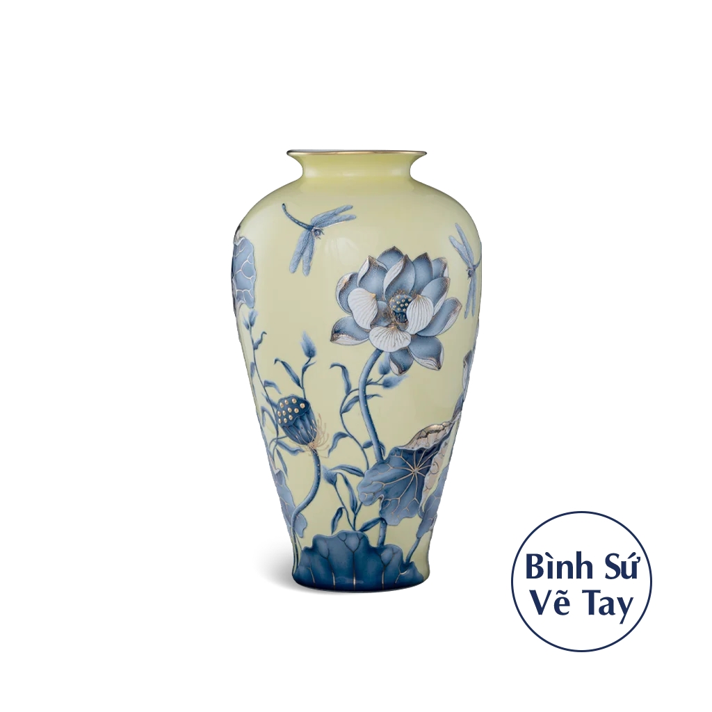Bình hoa Minh Long 40 cm - Sen (Sen Nền Vàng)