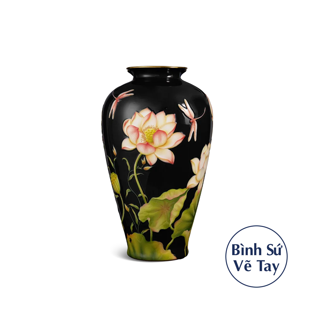 Bình hoa Minh Long 40 cm - Sen (Sen Khắc Nền Đen)