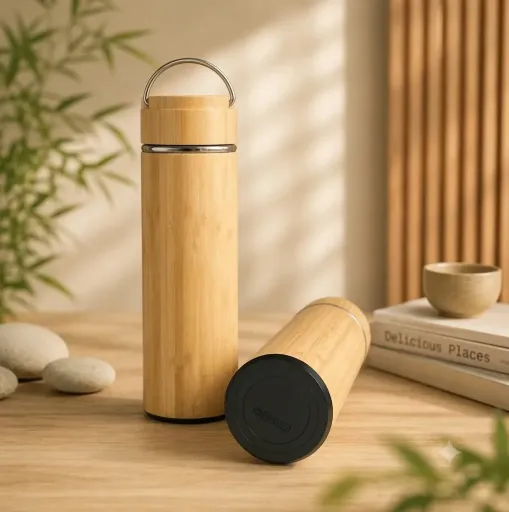 Bình giữ nhiệt Vỏ Tre 450ml - Quai Inox  - In logo doanh nghiệp